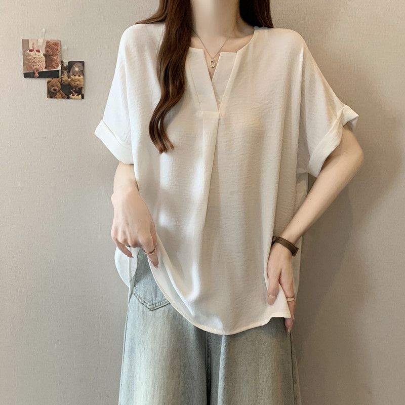 白Tシャツレディース ゆったりドルマンスリーブブイネック半袖トップス