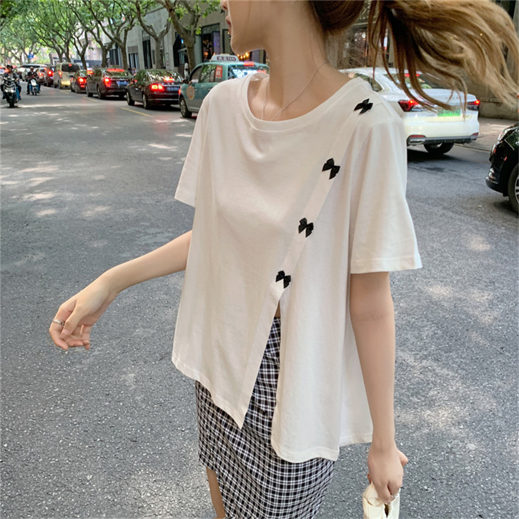 白Tシャツ 蝶結び装飾スリット入り半袖白色ティーシャツ