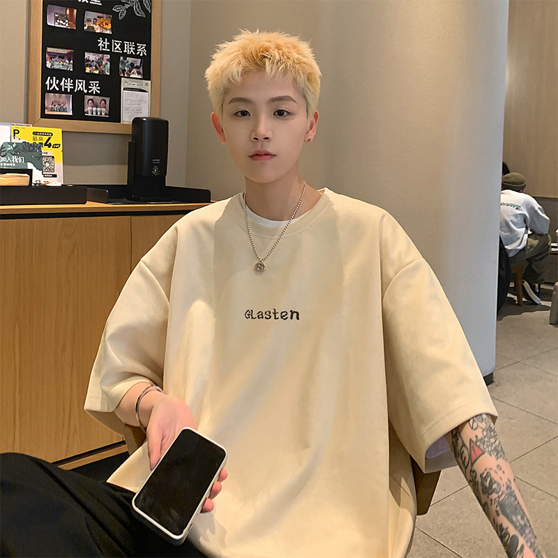 白Tシャツ メンズ シンプル刺繍入り五分袖カットソー