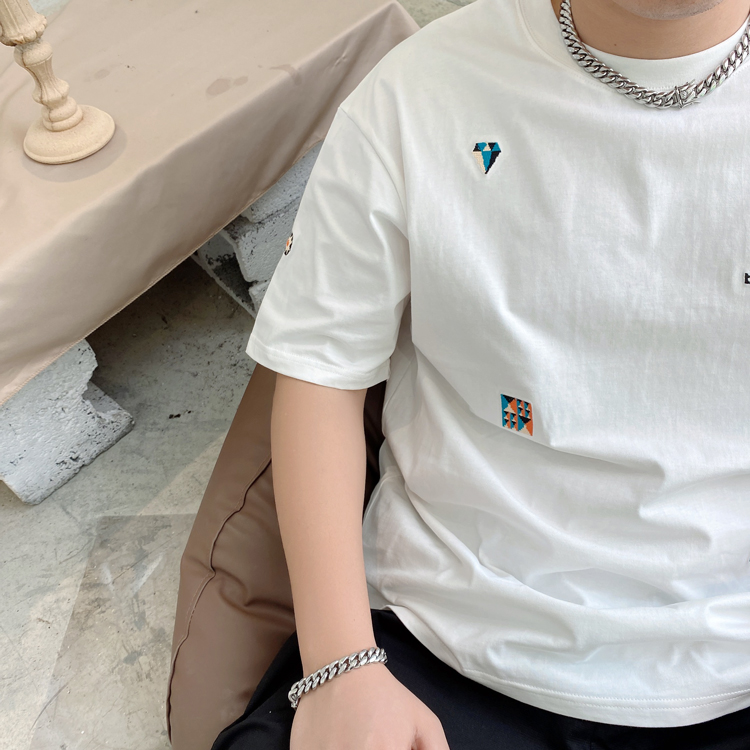 白Tシャツ メンズ ミニマルワッペン刺繍半袖シャツ