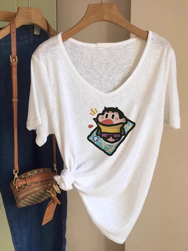 白Tシャツ イラスト柄ゆったりカットソー