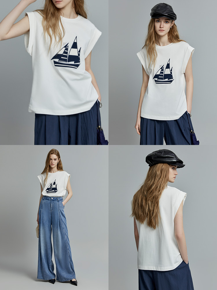 白Tシャツ ヨットプリント ノースリーブトップス