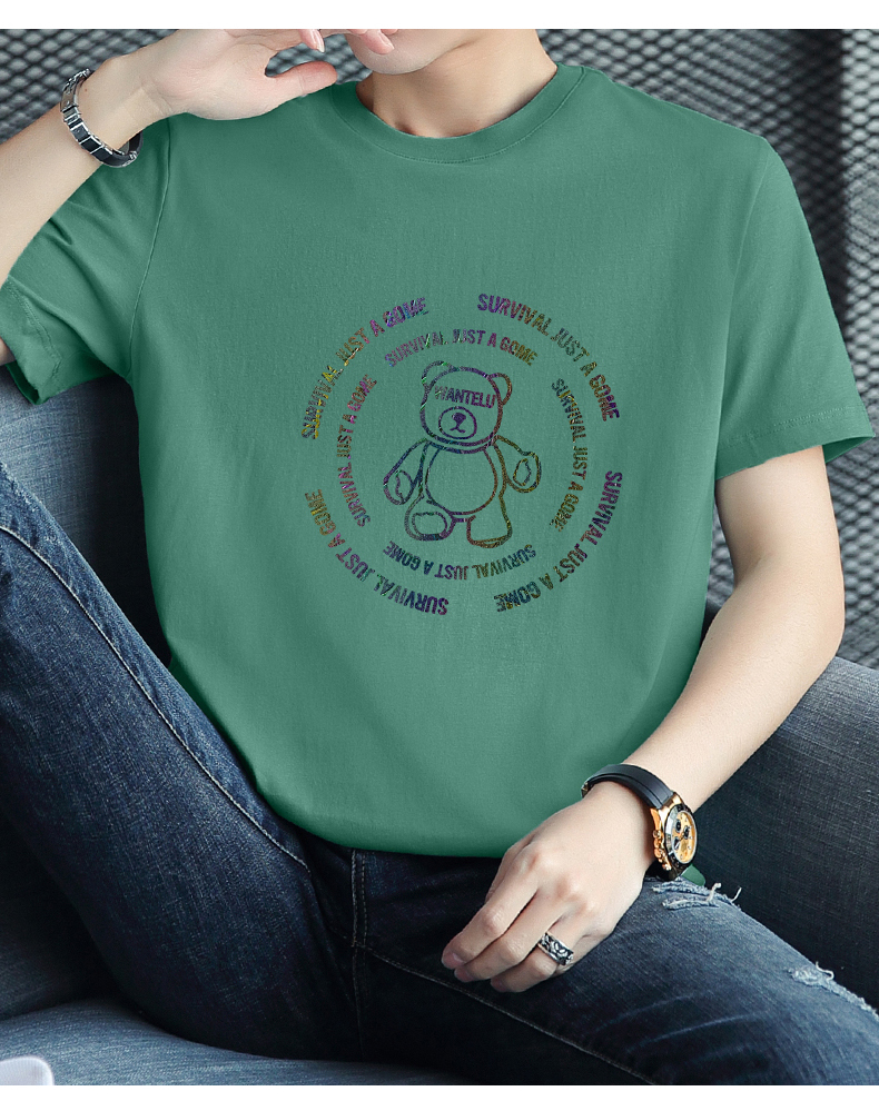 白Tシャツ メンズ くまさん円形刺繍カジュアル半袖