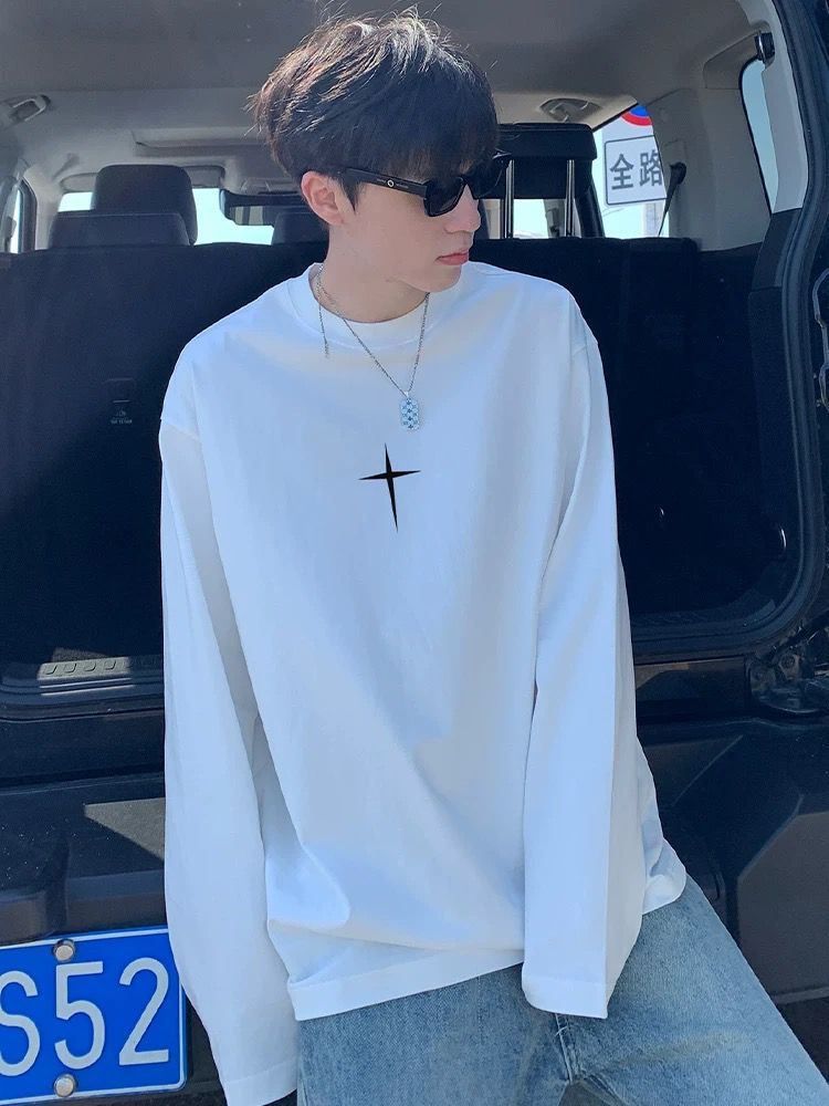 メンズ十字架プリント長袖白Tシャツゆったりシルエット