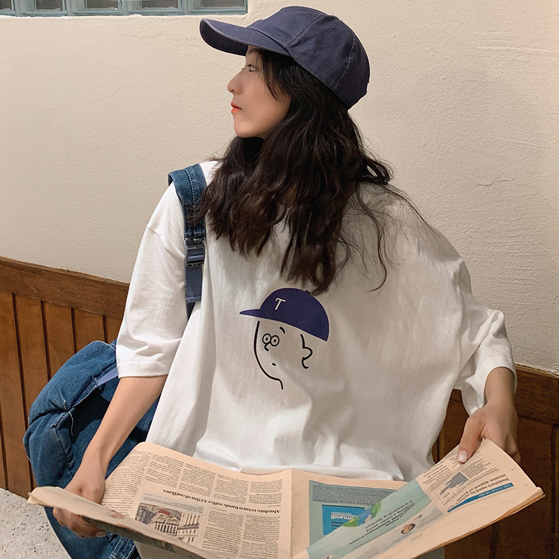白Tシャツ レディース イラスト風帽子キャラクター七分袖