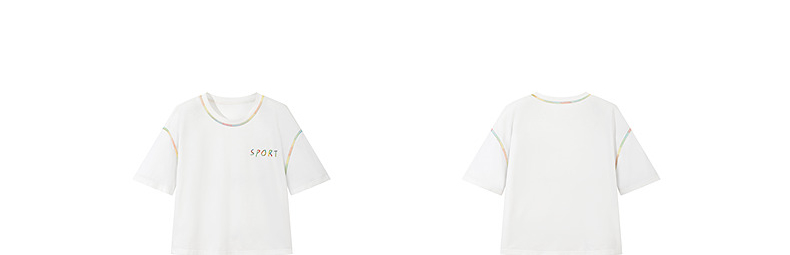 白Tシャツ 虹色ステッチ装飾クルーネック半袖