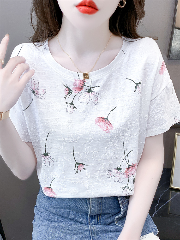 白Tシャツ 優美な花柄ゆったり半袖カットソー