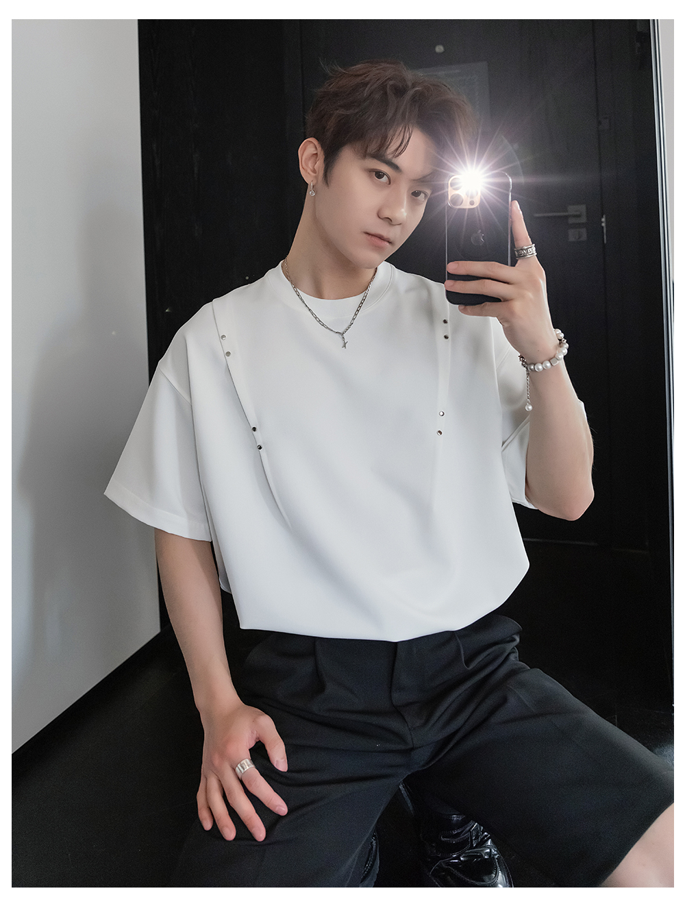 白Tシャツ メンズ 飾りステッチ入りドロップショルダー