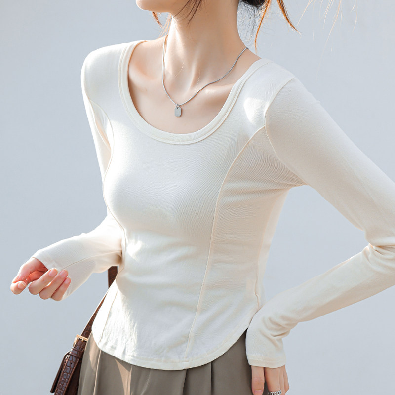 白Tシャツ Uネック切り替えスリムフィット長袖カットソー