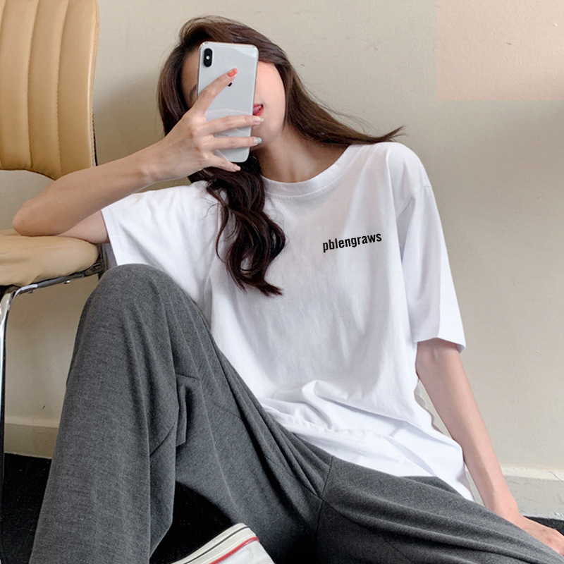 白Tシャツ レディース シンプル文字入りゆったりロゴ半袖