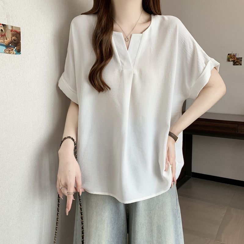 白Tシャツレディース ゆったりドルマンスリーブブイネック半袖トップス