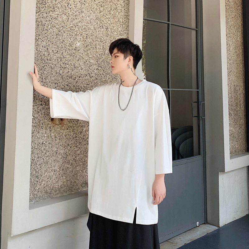 白Tシャツ ゆったりオーバーサイズ七分袖丸首無地シャツ