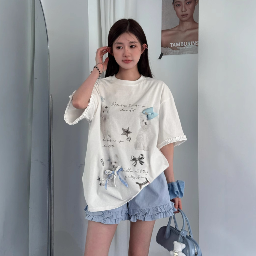 白Tシャツ レディース フリル袖子犬プリント半袖シャツ