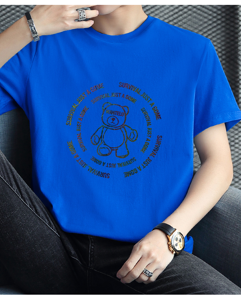 白Tシャツ メンズ くまさん円形刺繍カジュアル半袖