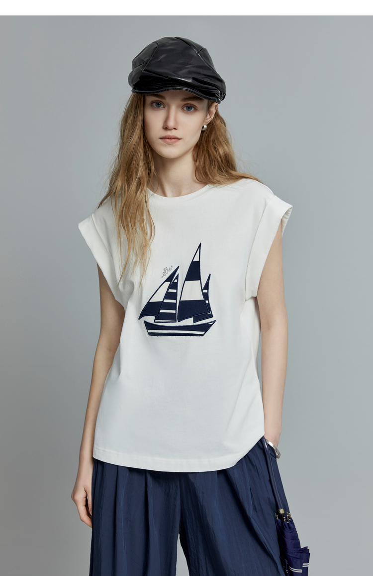 白Tシャツ ヨットプリント ノースリーブトップス