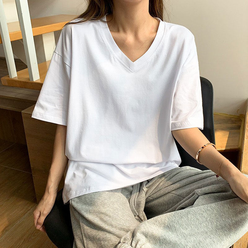 白Tシャツ ゆったりブイネックベーシック半袖トップス