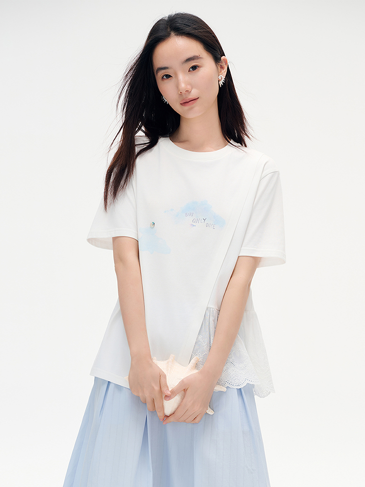 白Tシャツ レース裾切替え雲柄デザインシャツ