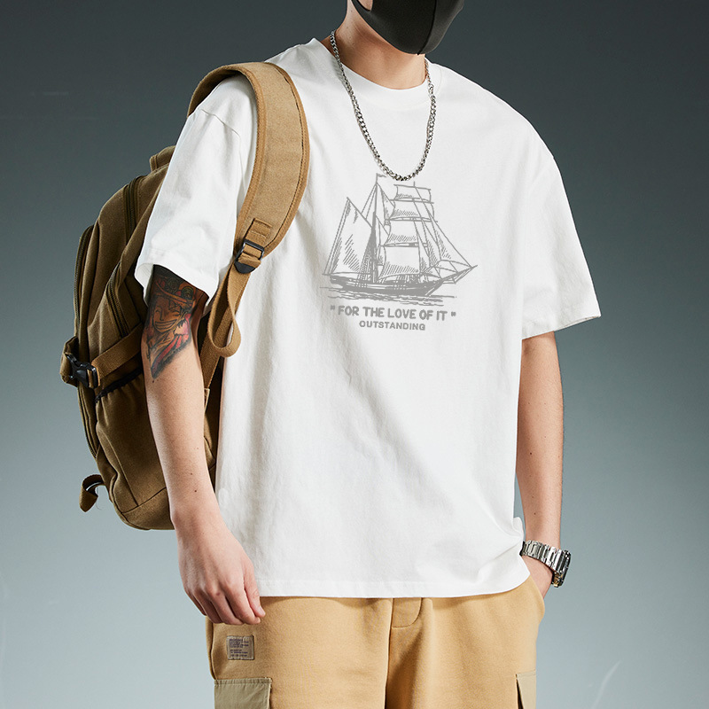 白Tシャツ 帆船グラフィック 半袖 クルーネック  メンズ