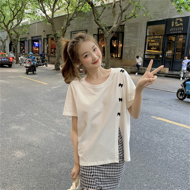 白Tシャツ 蝶結び装飾スリット入り半袖白色ティーシャツ