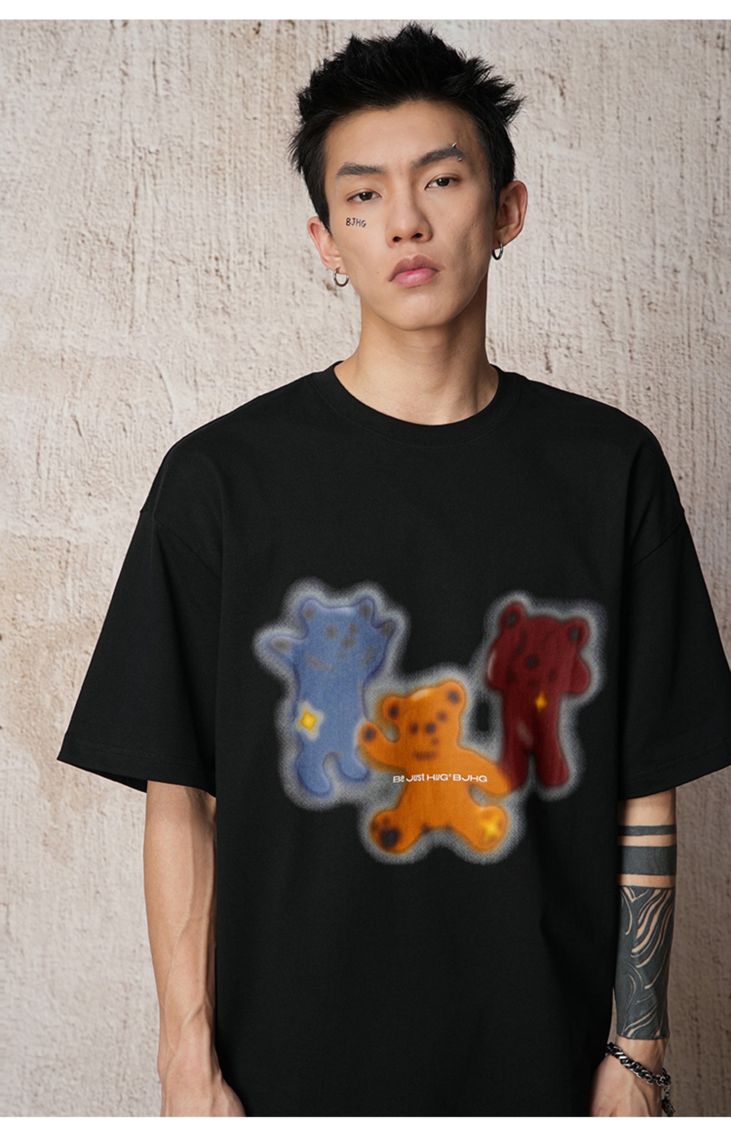 白Tシャツ メンズ 三色くまさん柄プリント半袖