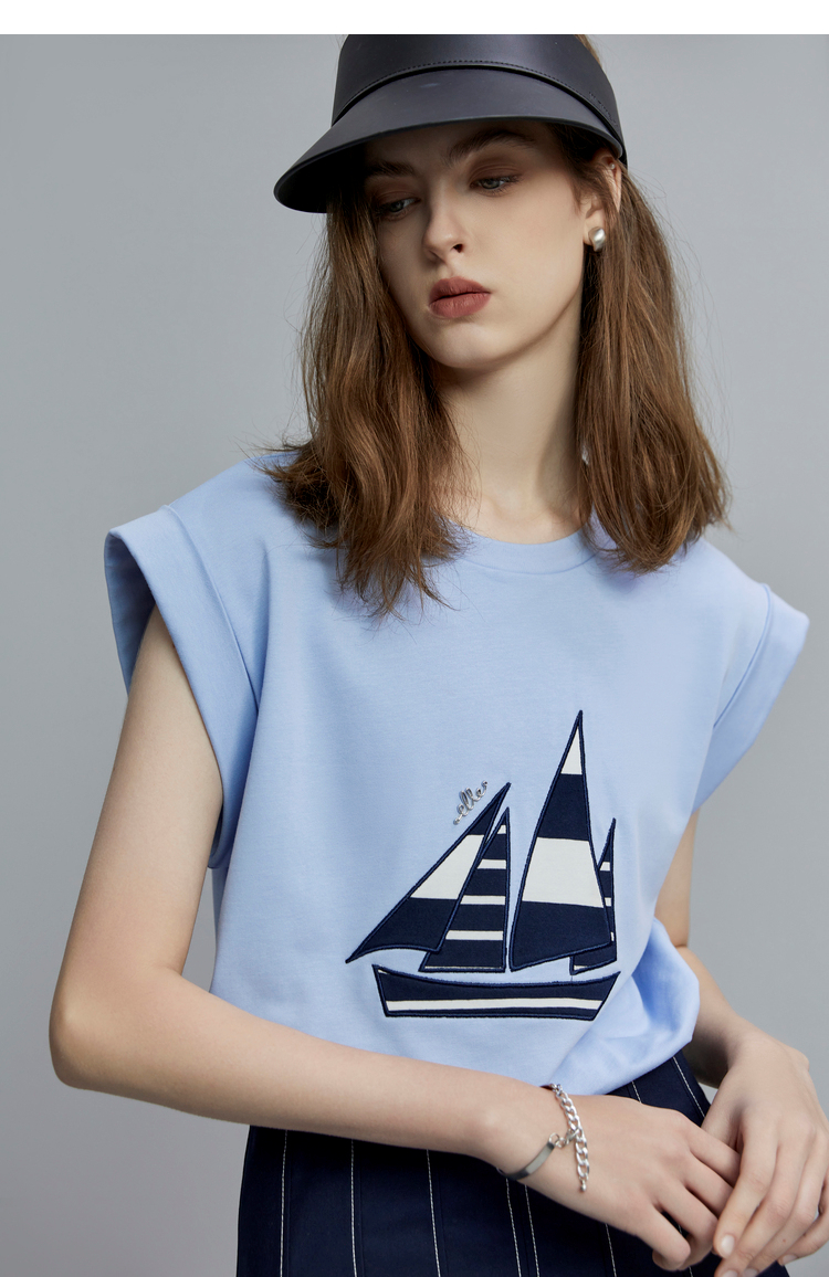 白Tシャツ ヨットプリント ノースリーブトップス