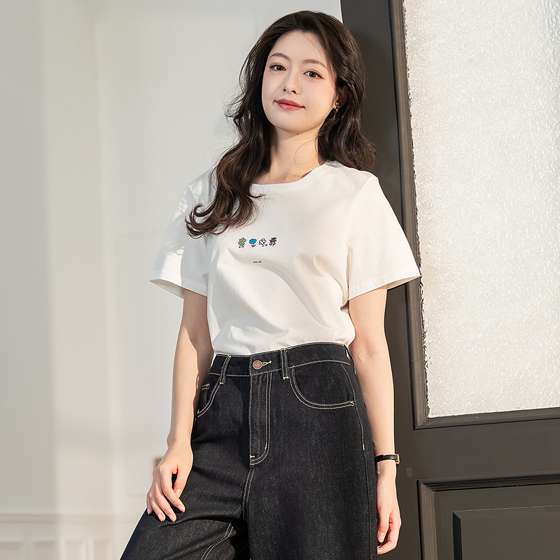 白Tシャツ レディース 小花刺繍クルーネック半袖カットソー