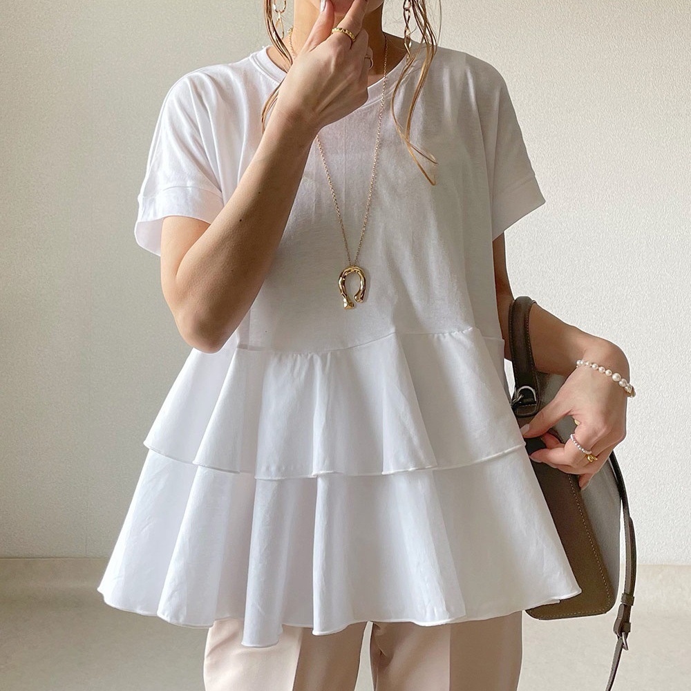白Tシャツ 白色ティアードフリル半袖Tシャツ