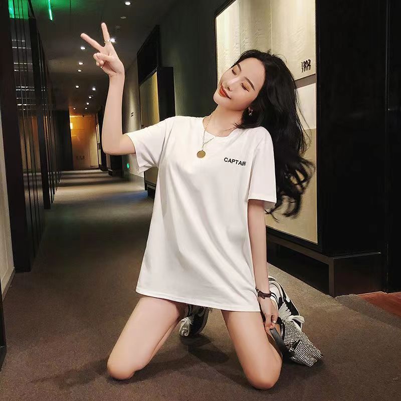 白Tシャツ レディース 胸元ロゴ入りクルーネック半袖