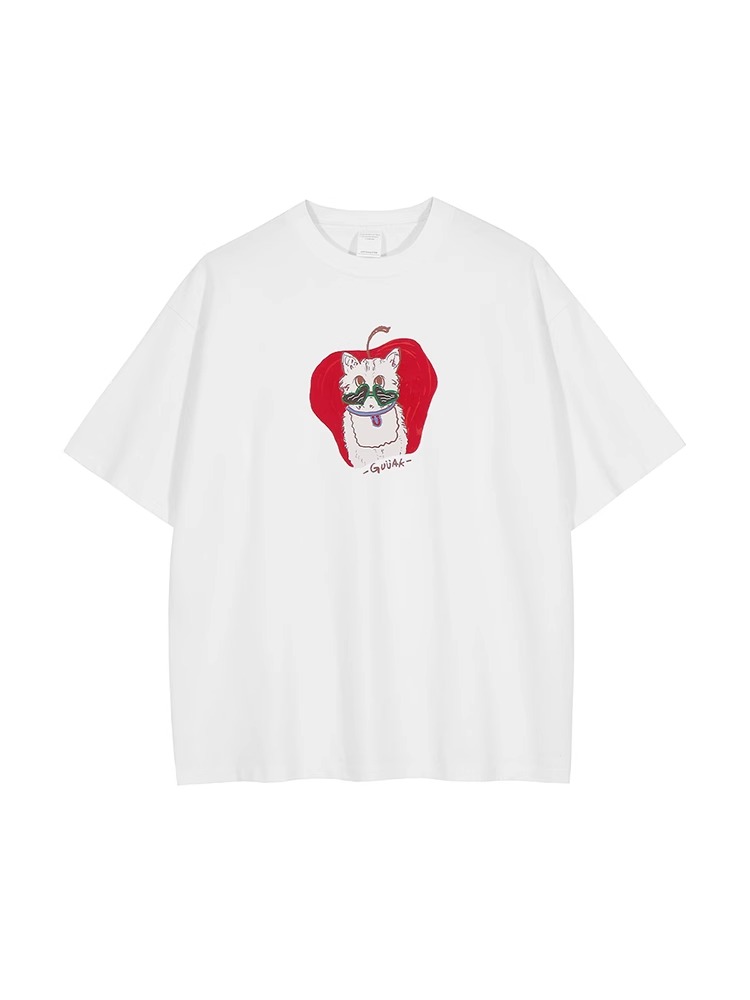 白Tシャツ メンズ 猫と林檎イラスト入りゆったり半袖