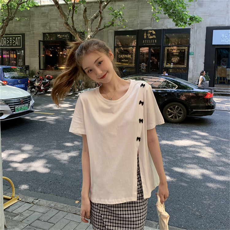 白Tシャツ 蝶結び装飾スリット入り半袖白色ティーシャツ