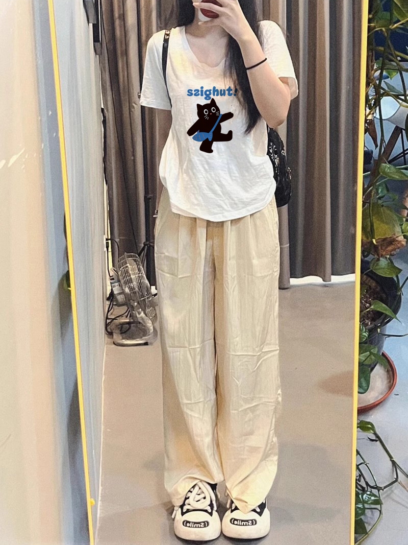 白Tシャツ レディース 遊び猫プリント半袖Vネックトップス