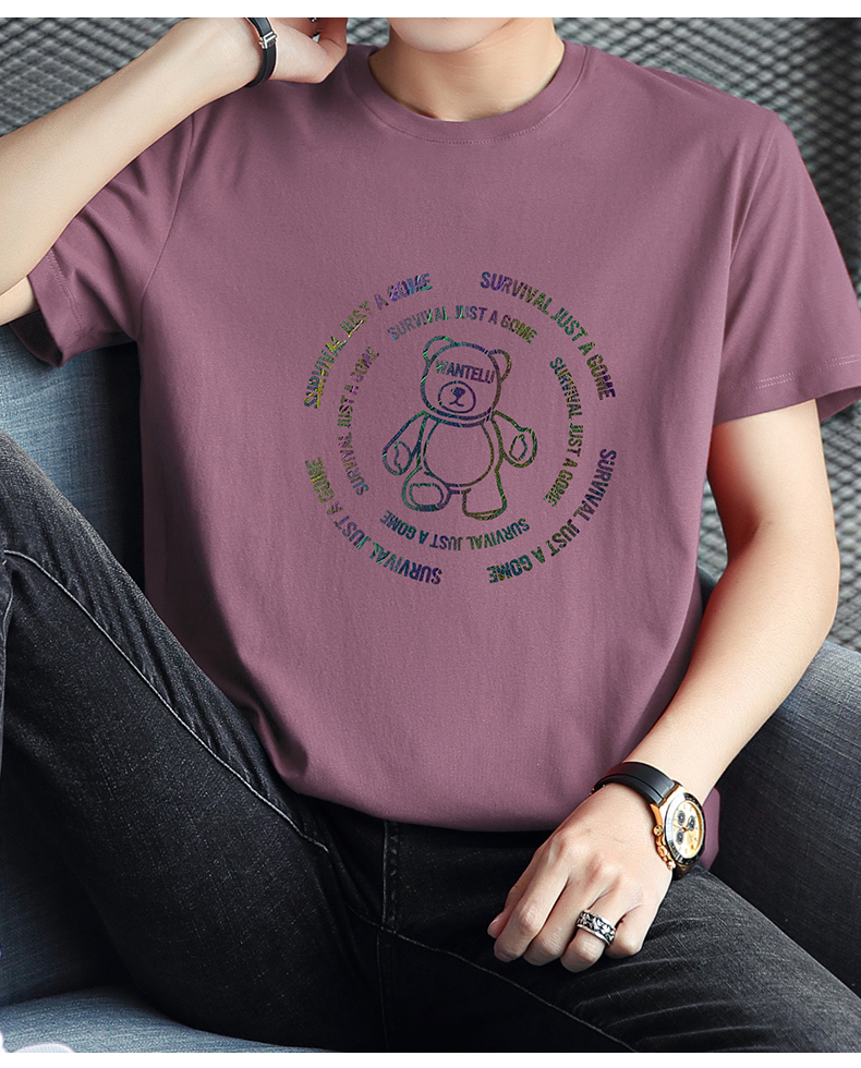 白Tシャツ メンズ くまさん円形刺繍カジュアル半袖