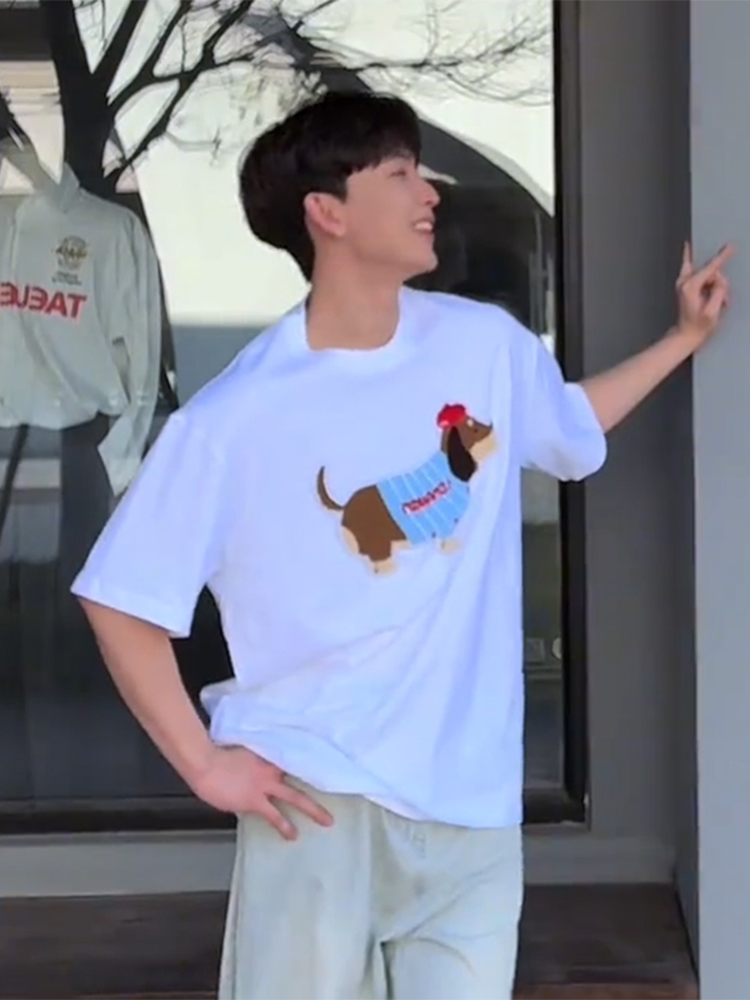 白Tシャツ メンズ おしゃれダックスフンド プリント半袖