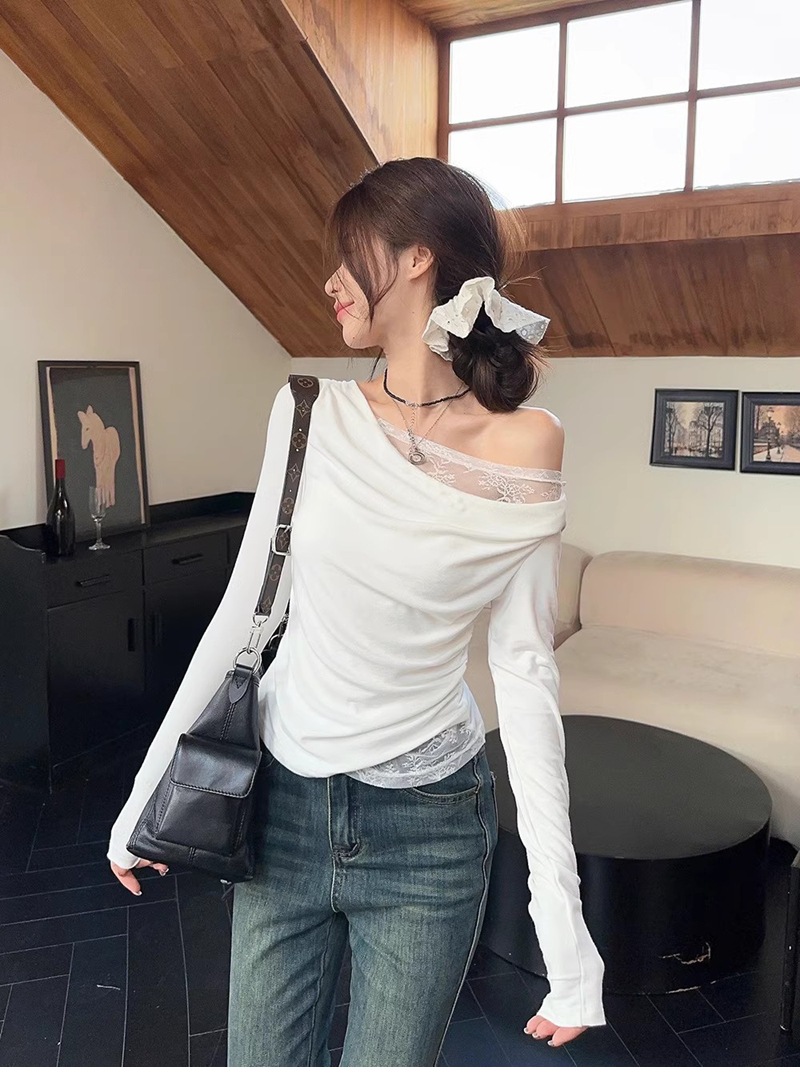 白Tシャツ レディース レース切替オフショルダー長袖トップス
