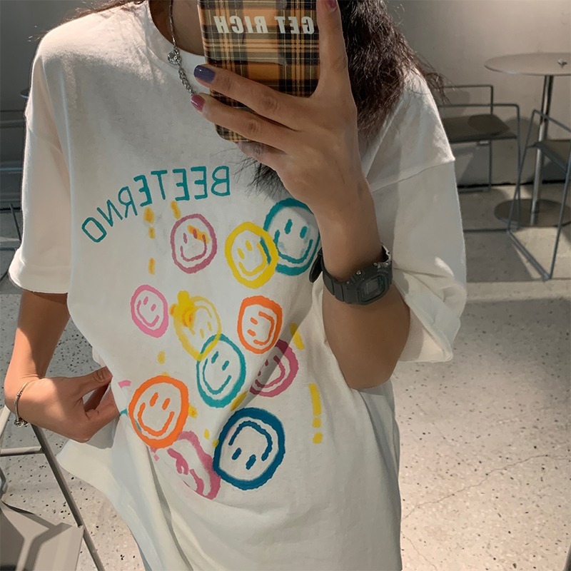 白Tシャツ レディース にこにこ笑顔プリント半袖シャツ