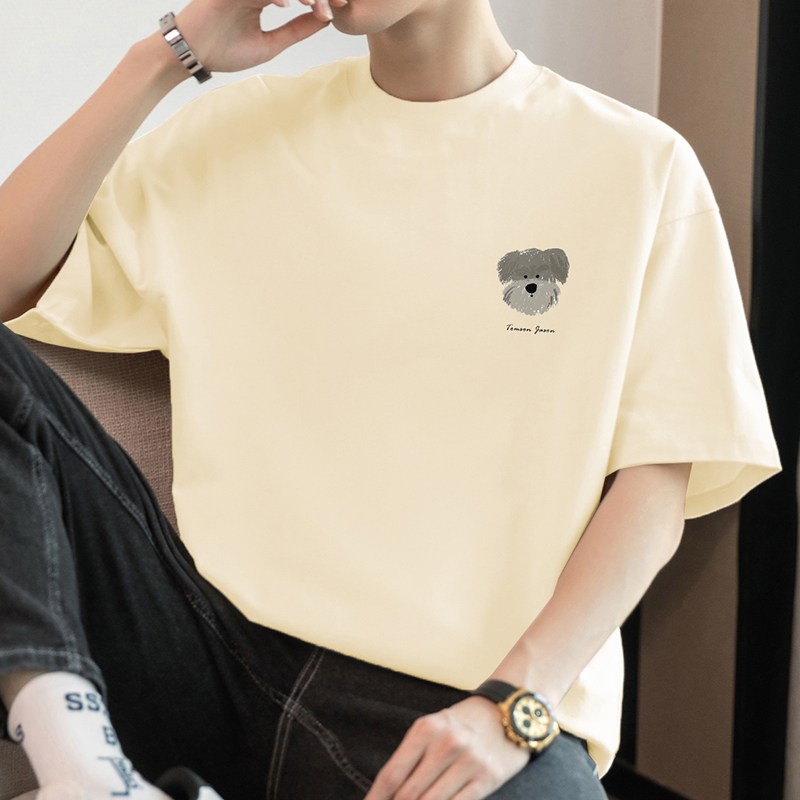 白Tシャツ メンズ 子犬刺繍入りゆったり半袖
