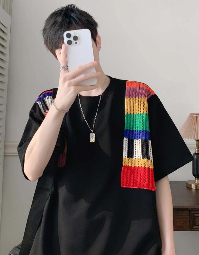 半袖白Tシャツ レインボー切り替えデザイン メンズ