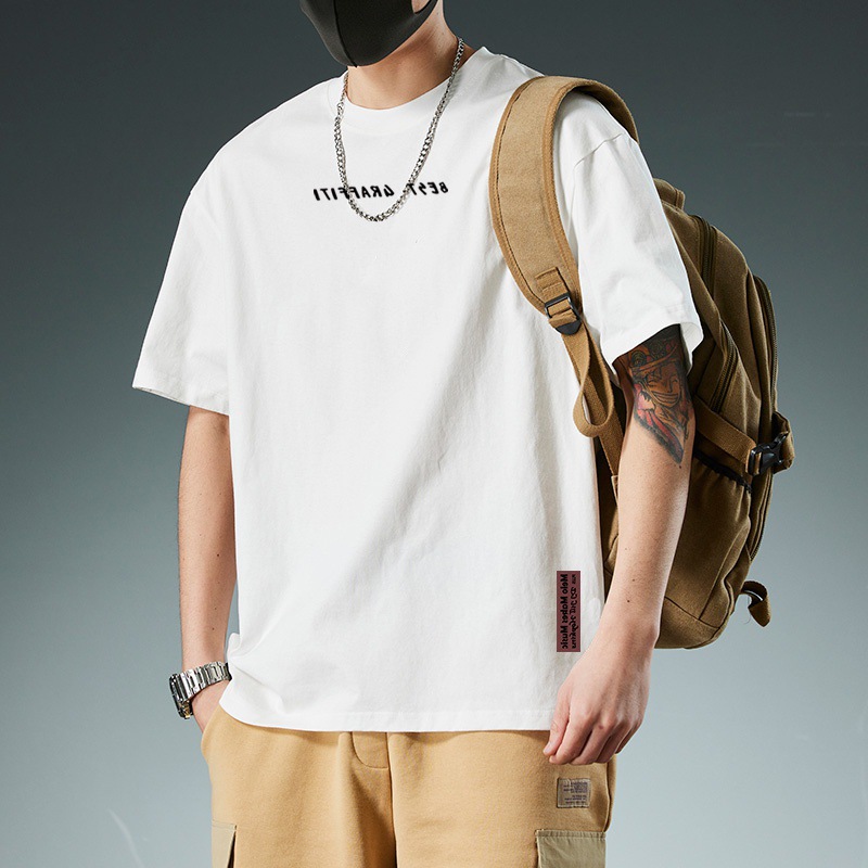 白Tシャツ メンズ シンプル胸文字入りゆったり半袖