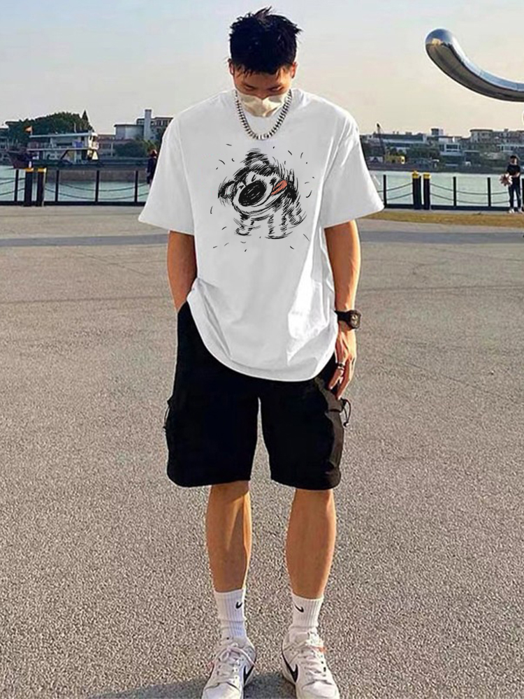 白Tシャツ メンズ 筆跡アート 渦巻きデザイン半袖
