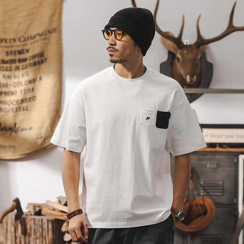 メンズ ゆったり半袖白Tシャツ ポケット付きカジュアルトップス