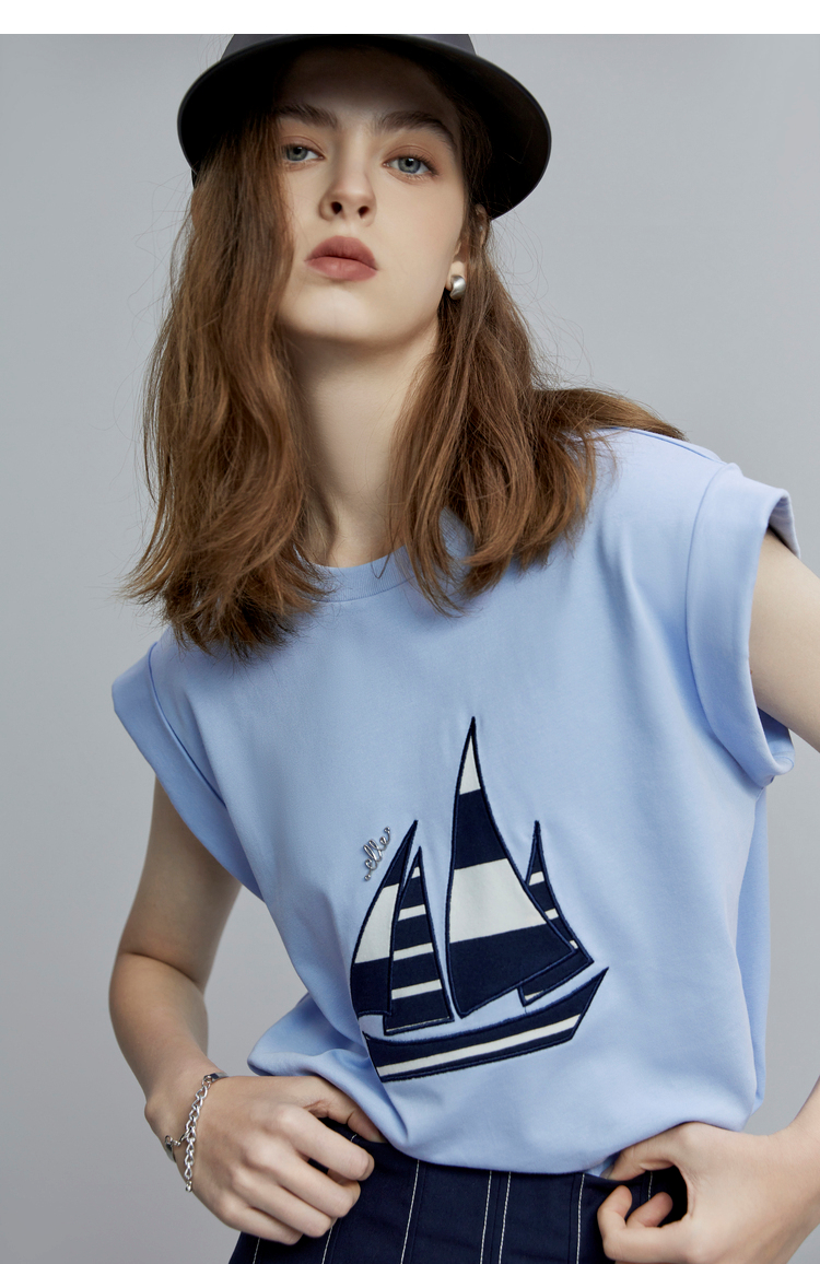 白Tシャツ ヨットプリント ノースリーブトップス