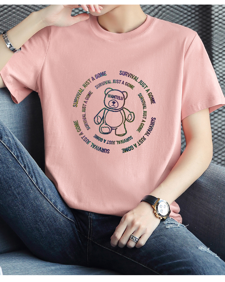 白Tシャツ メンズ くまさん円形刺繍カジュアル半袖
