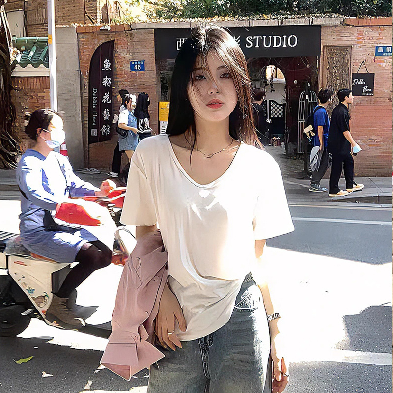 白Tシャツ レディース シンプル上質Vネック半袖トップス