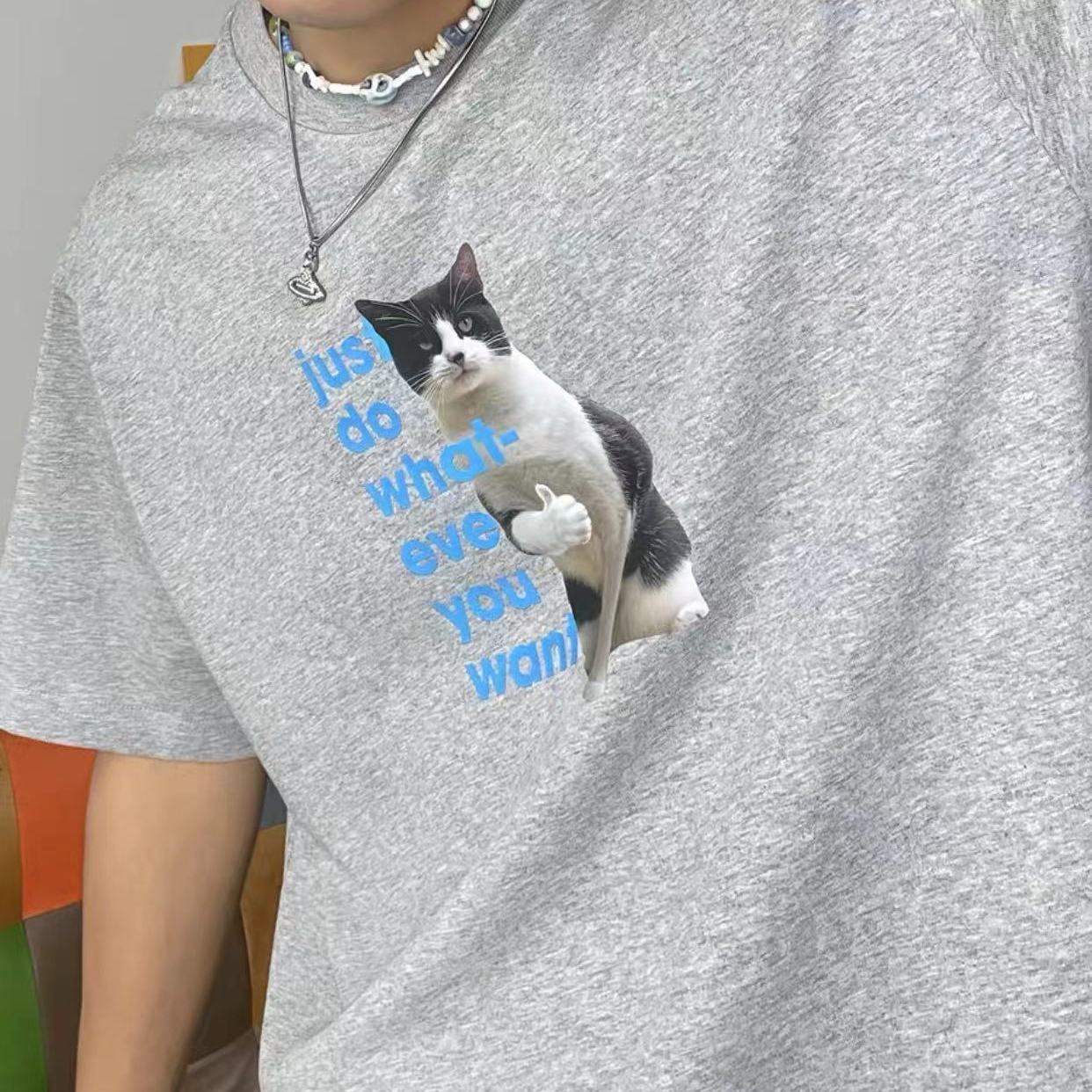白Tシャツ メンズ 気ままな猫イラスト入り半袖シャツ