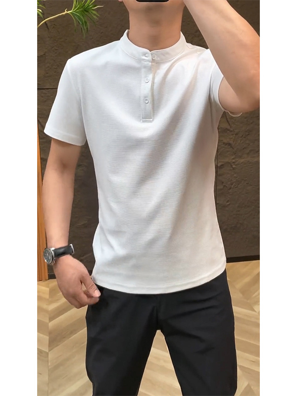 白Tシャツ メンズ すっきり立ち襟 半袖プルオーバー