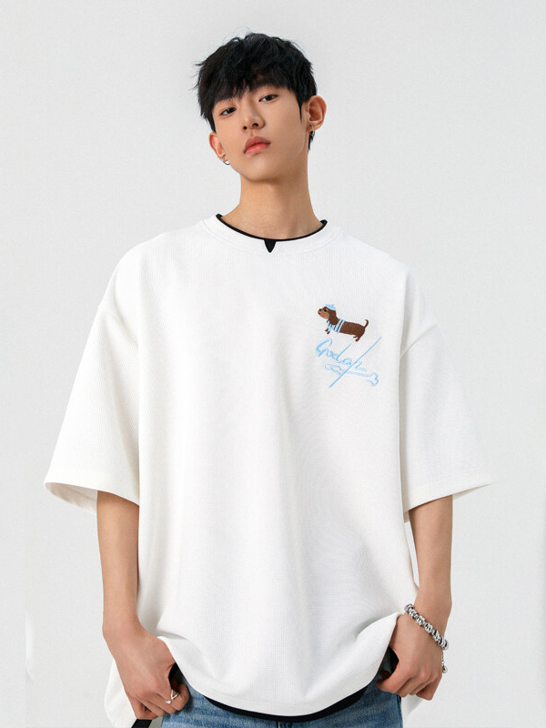 白Tシャツ メンズ わんこ刺繍入りゆったり半袖カットソー