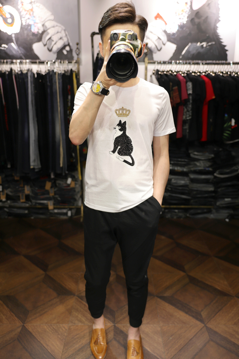 白Tシャツ メンズ 王冠と猫の煌めき半袖シャツ