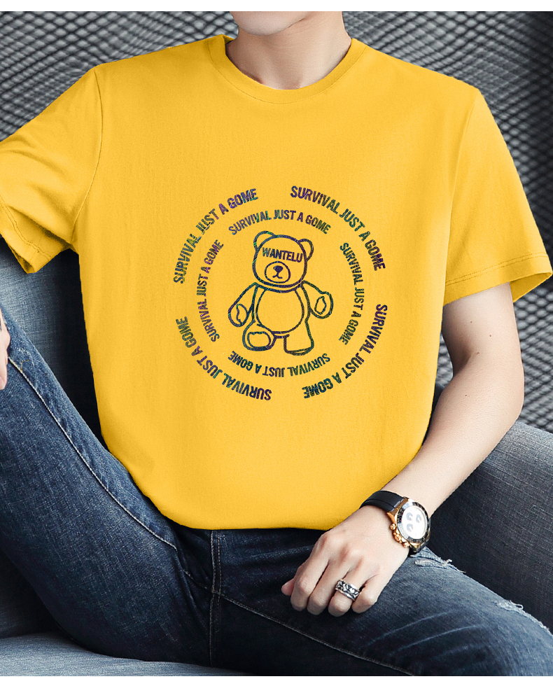 白Tシャツ メンズ くまさん円形刺繍カジュアル半袖