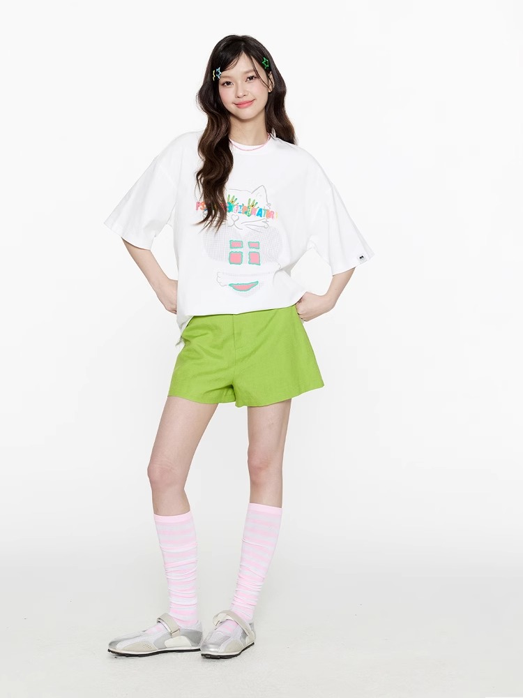 白Tシャツ レディース ゆるキャラ風イラスト半袖カットソー