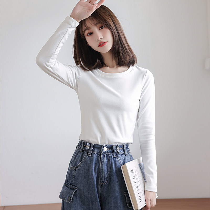 白Tシャツ 丸首長袖シンプルフィットカットソー